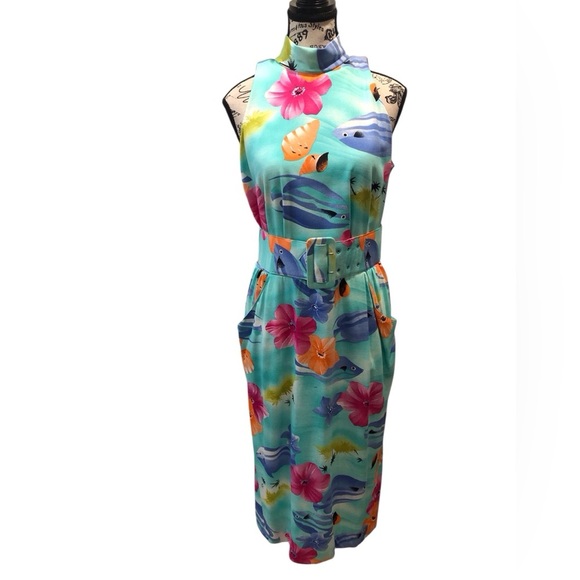 VTG Blake Adam’s Tropical Coastal Floral Halter Dress with Belt Size 9/10 Flaw - Picture 1 of 9